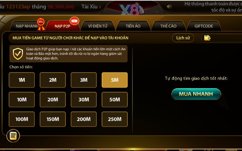 giao diện nạp tiền trực tuyến tại cổng game