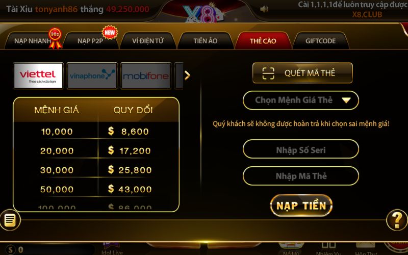 thao tác nạp tiền vào tài khoản game